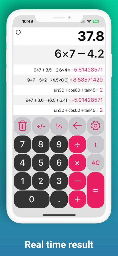 Easy Calculator with History - Interfaz de la aplicación Calculadora Fácil que muestra resultados en tiempo real y historial de cálculos en iPhone