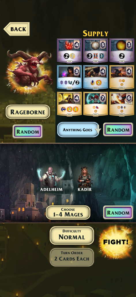 Aeon's End digital board game setup screen featuring the Rageborne nemesis and mages Adelheim and Kadir