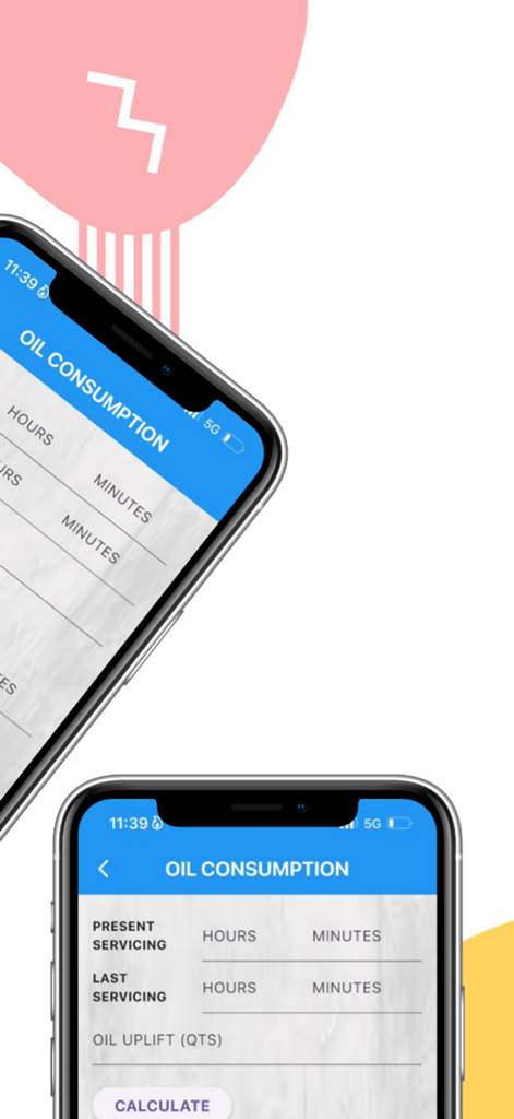 Fuel & Oil Calculator - Aviation oil consumption calculator screen showing input fields for servicing hours and oil uplift