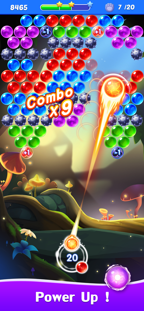 A fire power up clearing colorful bubbles with a nine times combo in Bubble Shooter Legend