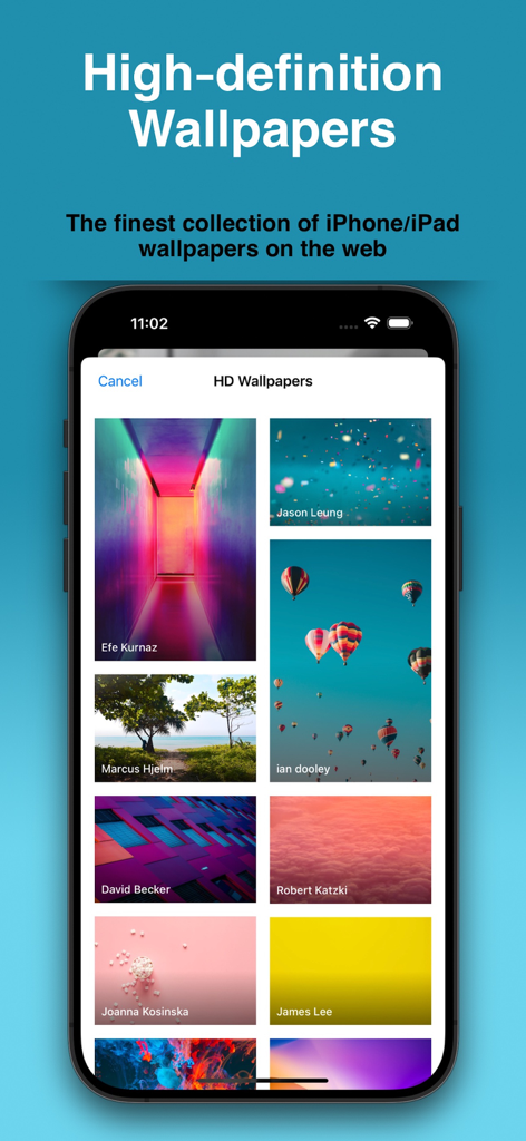 A screen showing a curated collection of high-definition wallpapers for iPhone and iPad within the app.