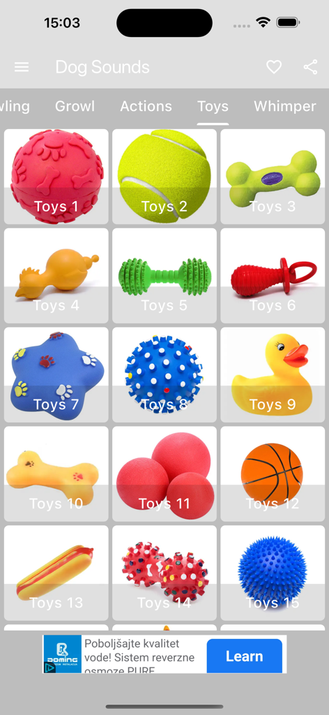 犬の鳴き声アプリのカテゴリにあるさまざまな犬用おもちゃのグリッド表示。