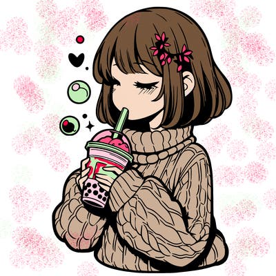 manga girl drinking boba in cozy sweater