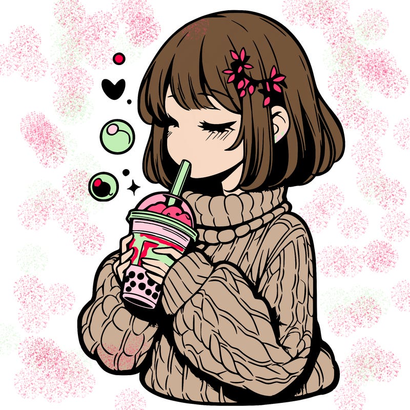 manga girl drinking boba in cozy sweater
