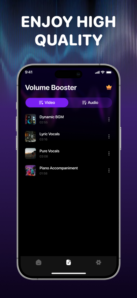 Up Volume Booster: Bass Boost - Up Volume Booster app interface displaying a list of audio tracks including Dynamic BGM and Lyric Vocals with Video and Audio tabs