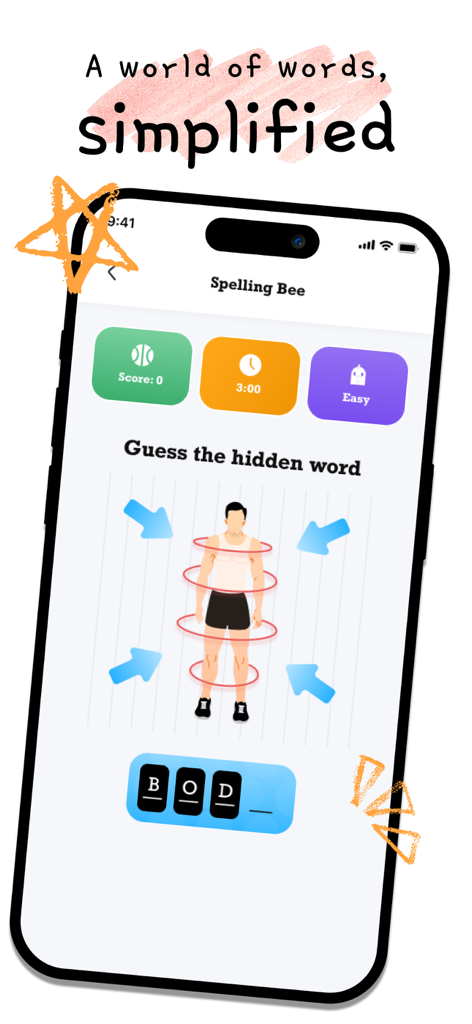 Spelling: Spelling Games - Spelling Bee app interface featuring a guess the hidden word game with a body illustration and letter tiles.