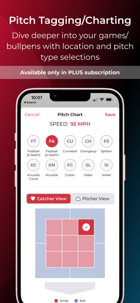 Pocket Radar® Sports - Pocket Radar Sports app showing pitch charting with velocity pitch type and strike zone location