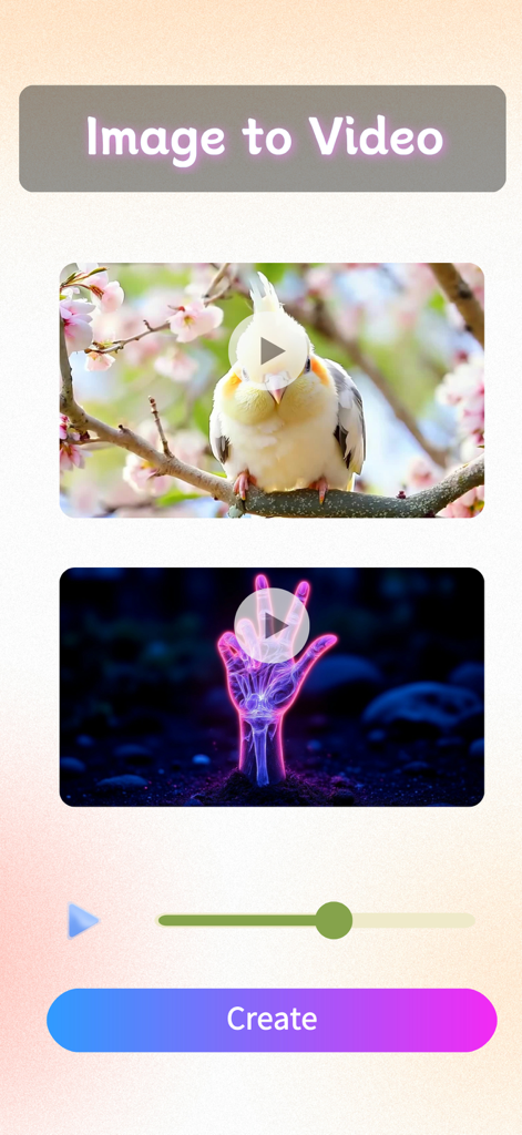 AI Hug Video - Image to Video - Captura de tela da interface do aplicativo Vídeo Abraço IA mostrando o recurso Imagem para Vídeo com miniaturas de exemplo e um botão criar.
