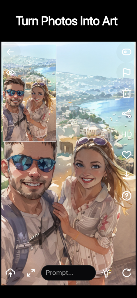 Riff - Fast AI Photo Edits - A mobile interface showing an AI-generated artistic stylization of a couple in a coastal setting.
