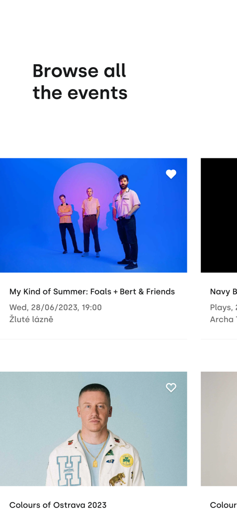 GoOut - Your Cultural Guide - Browse screen of the GoOut app showing upcoming concert and festival event cards