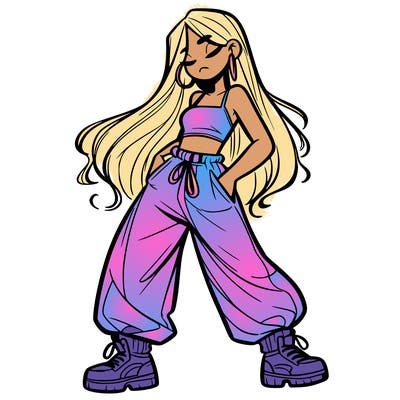 girl in baggy pants crop top and long hair