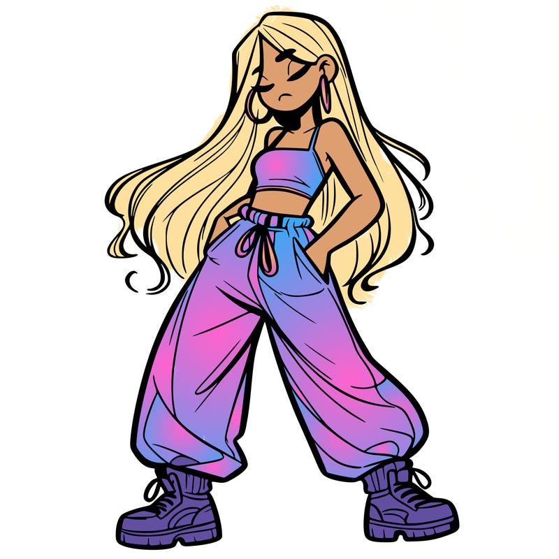 girl in baggy pants crop top and long hair