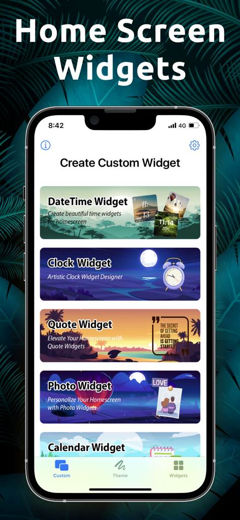 Shortcut Widgets: Custom Theme - Interfaz de la aplicación Shortcut Widgets mostrando opciones para crear widgets personalizados de reloj de fecha y hora y de citas