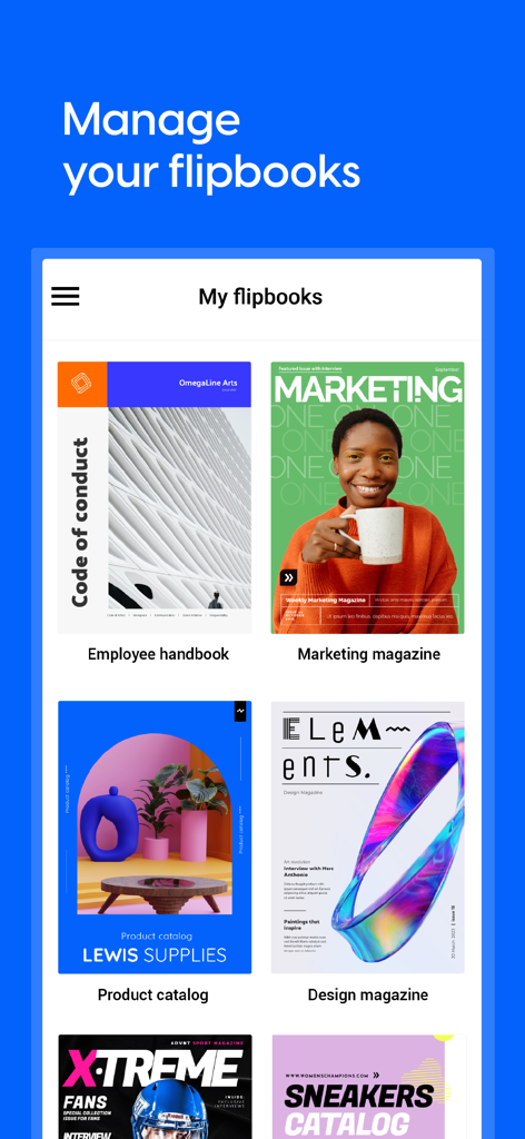 Gitteransicht von digitalen Flipbooks und Magazinen in der Flipsnack Mobile-Anwendung