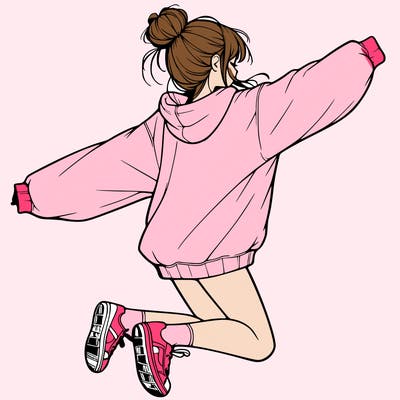 realistic girl jumping with a bun and oversized sweatshirt