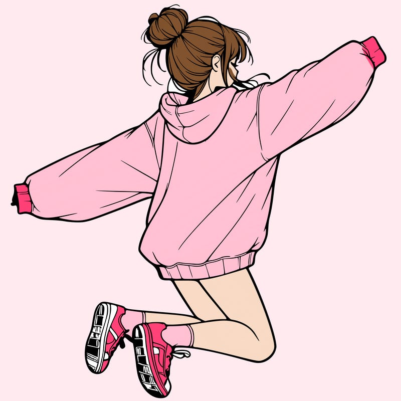 realistic girl jumping with a bun and oversized sweatshirt