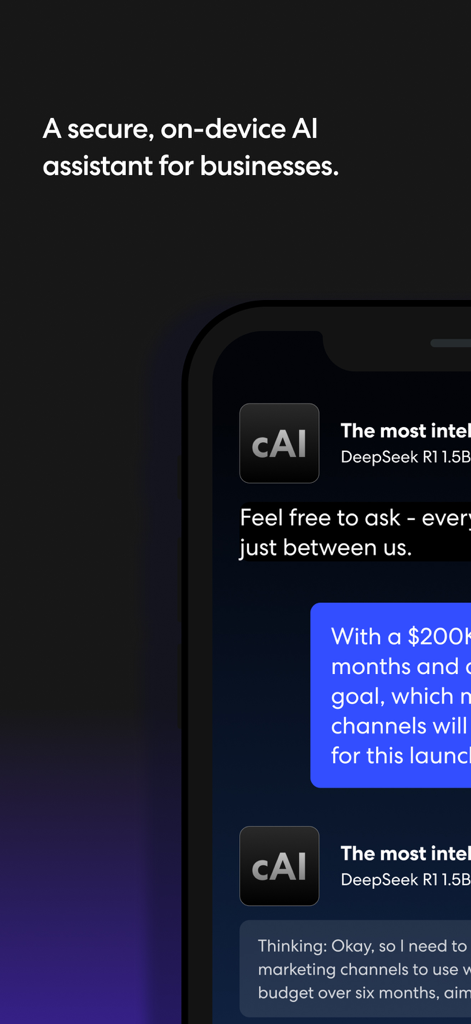 Una interfaz móvil que muestra el asistente de IA privado cAI con un entorno de chat empresarial seguro en el dispositivo