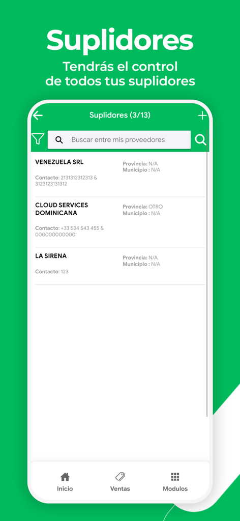 Ventas CLOUD - Pantalla de la aplicación móvil Ventas CLOUD que muestra una lista de proveedores comerciales con información de contacto y barra de búsqueda