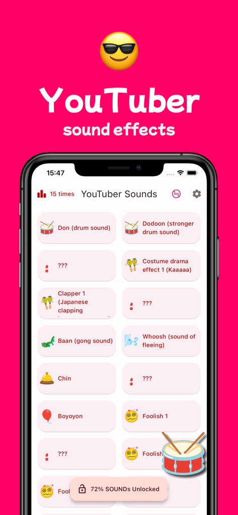 A smartphone screen displaying the YouTuber Sound Effects app with various sound buttons like drums and gongs.