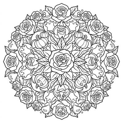Dive into a world where floral beauty meets spooky fun with this unique Rose Mandala Halloween coloring page. This intricate design blends elegant roses with playful pumpkins and ghosts, offering a captivating challenge for all skill levels.