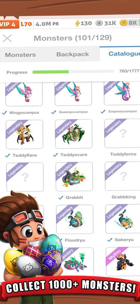 Battle Camp monster catalogue screen showing legendary creatures and a character holding monster eggs with the text collect 1000 plus monsters