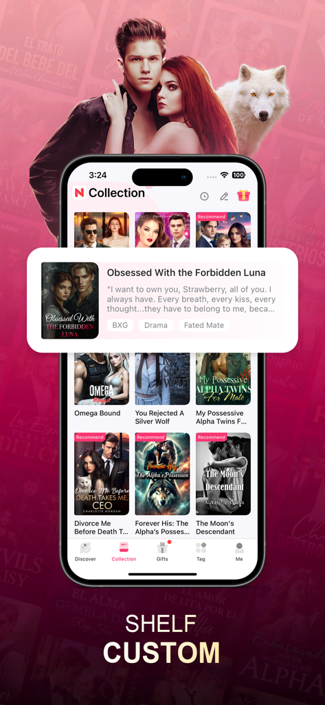 Smartphone screen displaying the NovelaGo app book collection with various romance and werewolf stories.