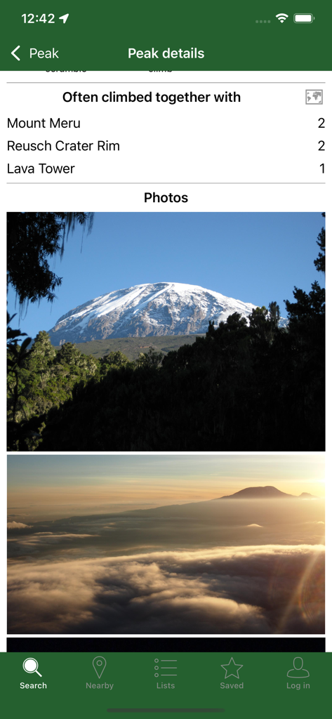 Peakbagger - Peakbagger app displaying peak details photos and a list of summits often climbed together