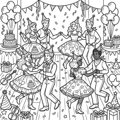 Step onto the dance floor with this energetic coloring page featuring a lively square dance at a festive birthday party. Celebrate with cheerful couples, delicious cakes, and playful balloons, all waiting for your creative touch.