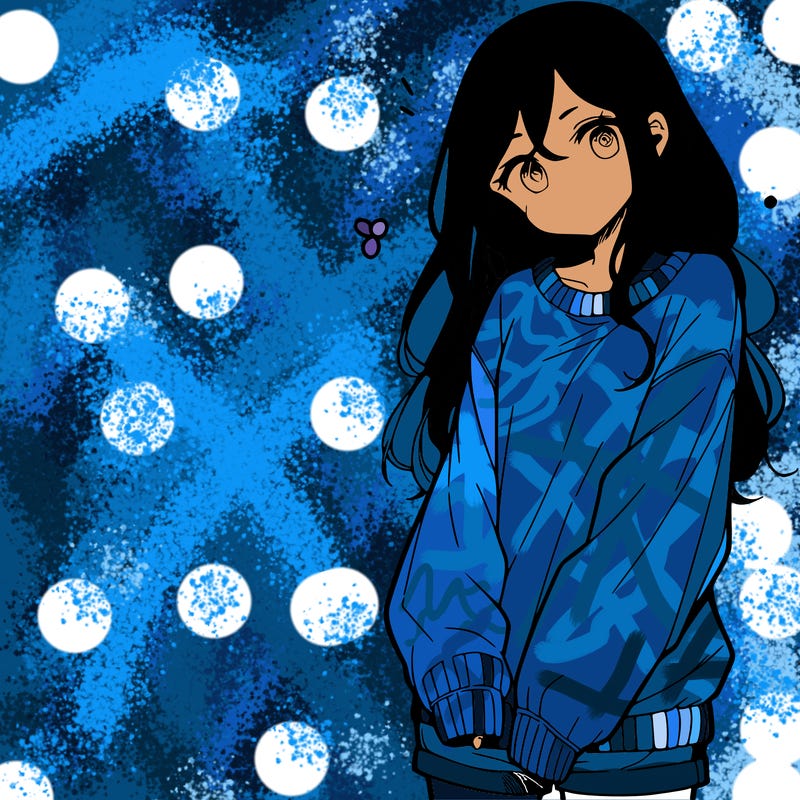 manga teen girl  in a sweater and baggy pants