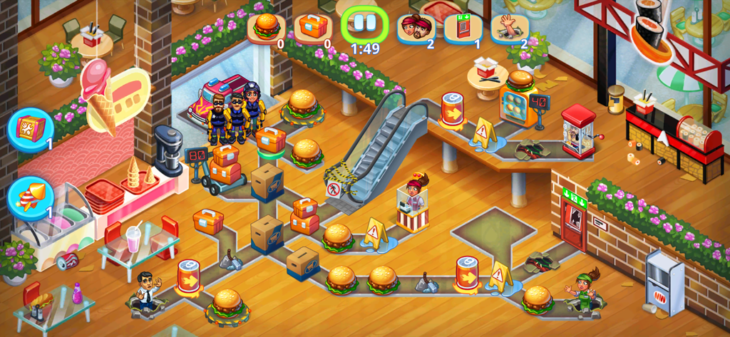 A gameplay screenshot of Rescue Dash showing a rescue team navigating a shopping mall food court to clear obstacles and help people.