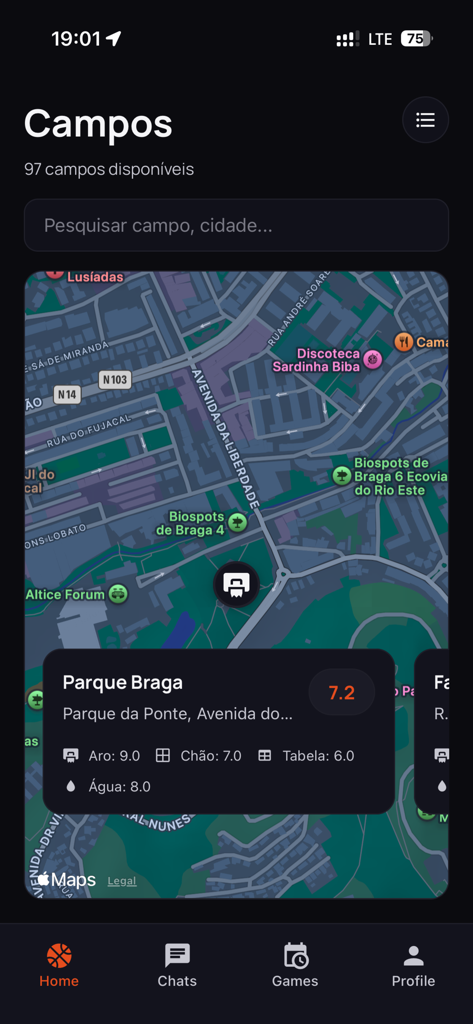 No Bounce - No Bounce basketball app map screen showing court locations and quality ratings in Braga Portugal
