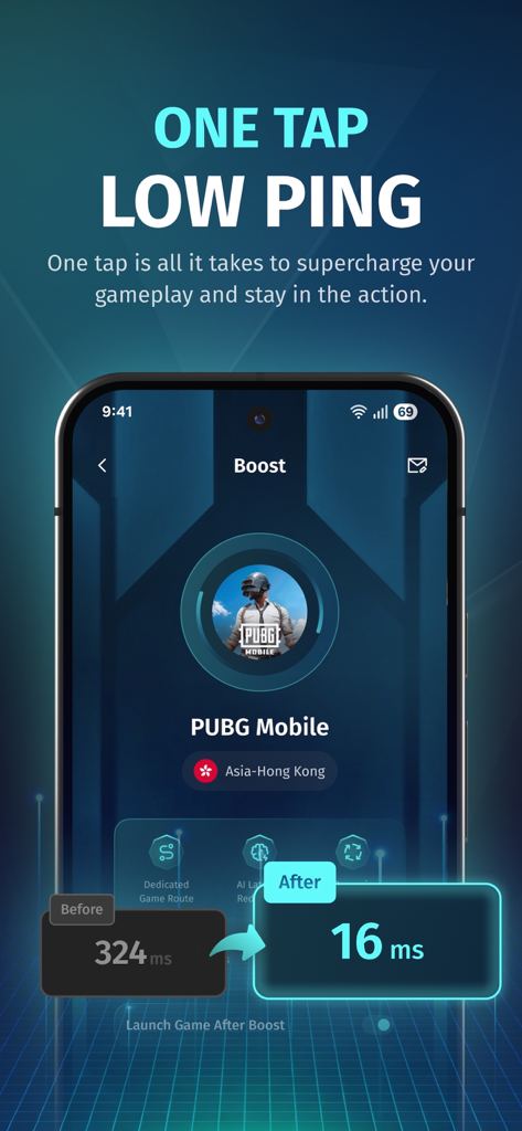 FKey: Boost Game & Reduce Ping - Interface de l'application FKey montrant une réduction de ping en un clic de 324 ms à 16 ms pour PUBG Mobile