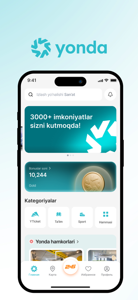 yonda.uz - Mobile app interface for yonda showing categories for education sports and arts with a search bar and bonus points
