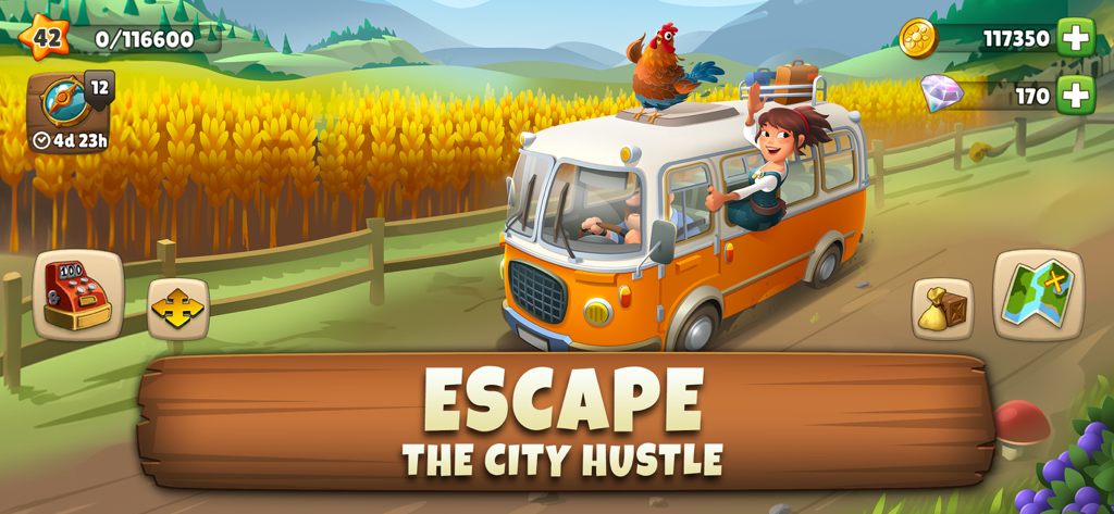 Sunrise Village Adventure Game - Ein orangefarbener Bus fährt durch goldene Weizenfelder, während ein Charakter winkt und der Text 'Entfliehe dem Stadttrubel' steht.
