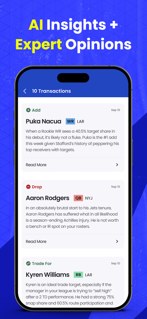 WalterPicks – AI Insights - WalterPicks app interface showing AI-driven fantasy football add drop and trade recommendations