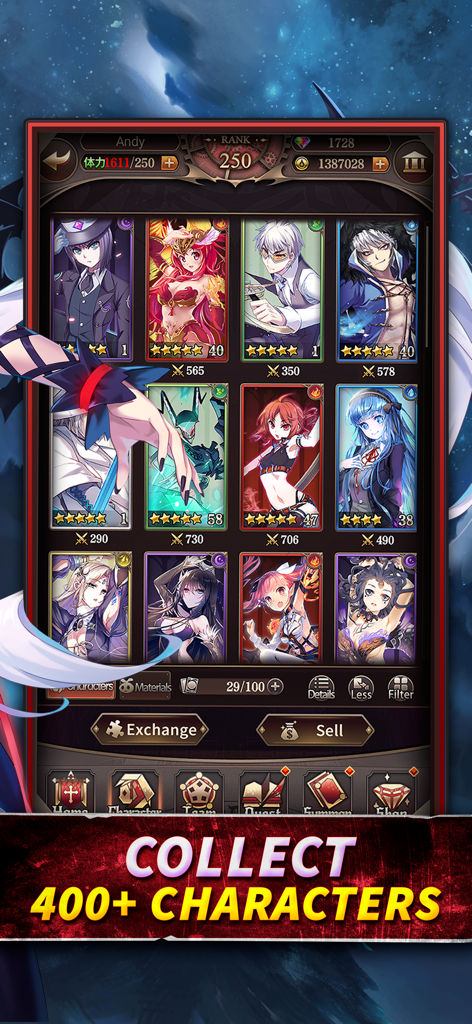 Bloodline: Last Royal Vampire - 블러드라인 라스트 로열 뱀파이어 캐릭터 메뉴 스크린샷으로, 여러 애니메이션 스타일의 영웅 카드와 400명 이상의 캐릭터를 수집하라는 메시지가 표시됩니다.