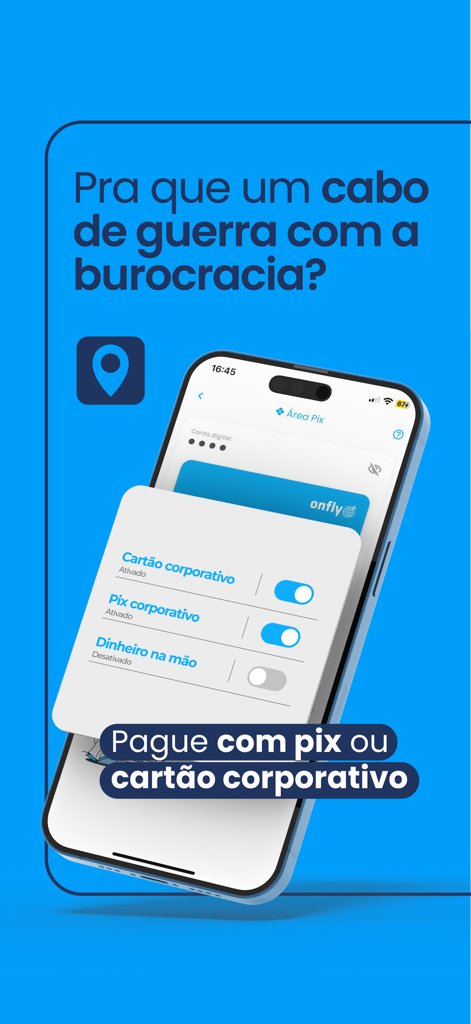 Pantalla de la aplicación Onfly mostrando opciones de pago con tarjeta corporativa y pix