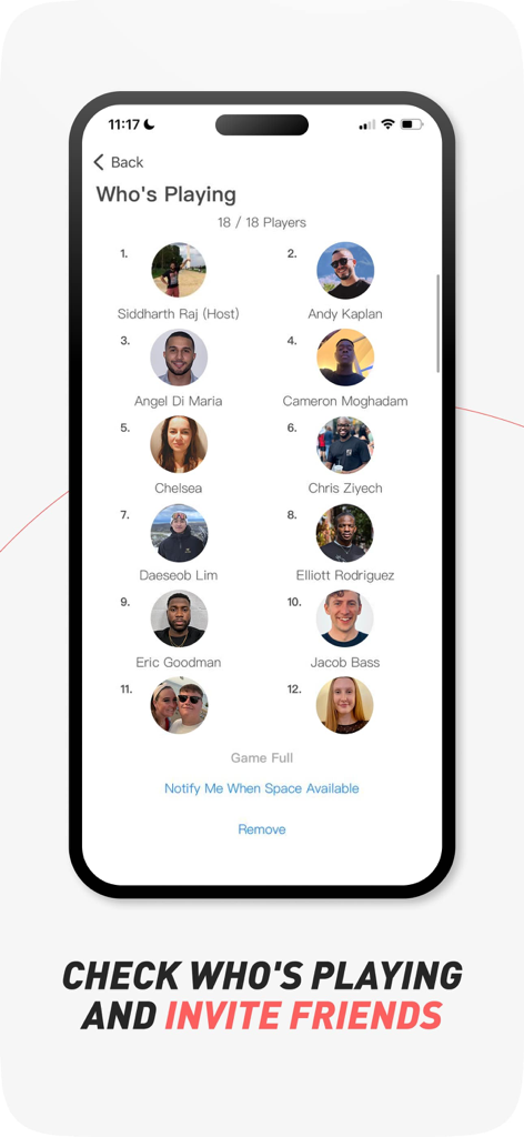 Screenshot dell'app GoodRec che mostra un elenco di giocatori registrati per una partita sportiva