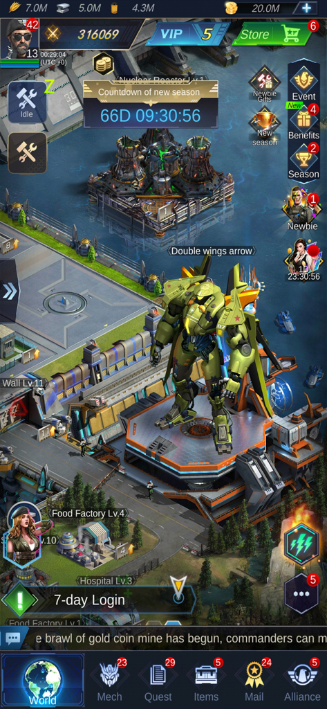 Interfaz de base militar con una gran unidad mecha verde en Warfare Strike Global War