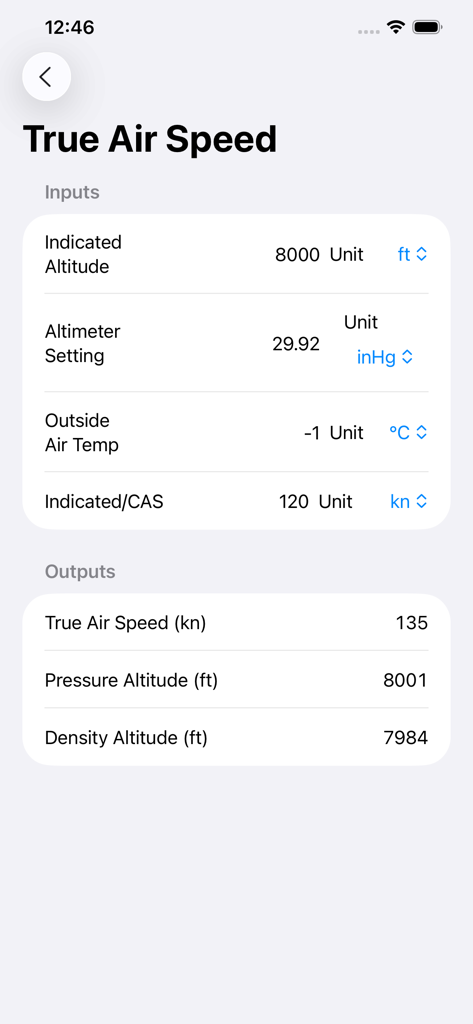 True Air Speed and density altitude calculator interface for pilot flight planning
