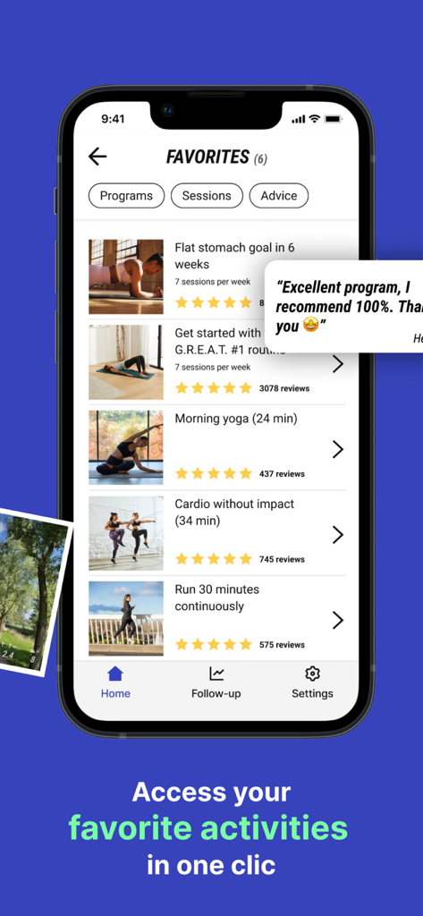Decathlon Coach: Sport/Running - Pantalla de Favoritos de la aplicación Decathlon Coach que muestra una lista de programas de entrenamiento como yoga y cardio con una recomendación del usuario