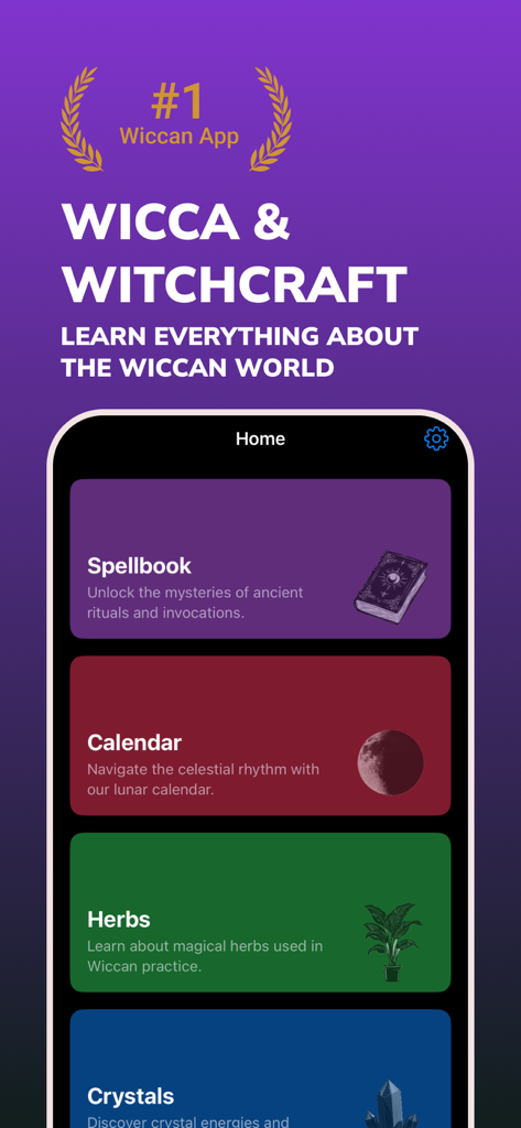Wicca: Wiccan & Witchcraft - Home screen of the Wicca and Witchcraft app showing navigation cards for Spellbook, Calendar, Herbs, and Crystals.