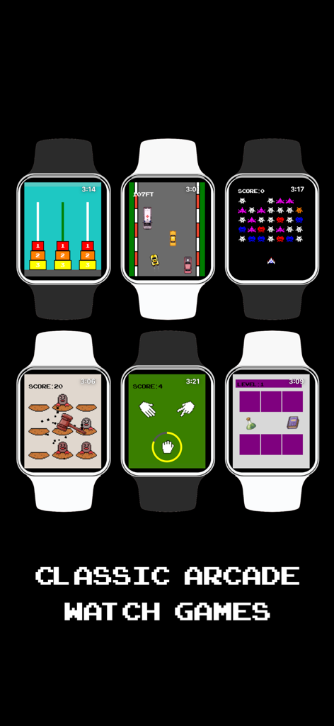 6 Classic Arcade Watch Games - Collection of six classic arcade games displayed on Apple Watch screens.