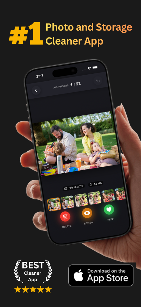 Photo Cleaner Swipe - Mobile app interface for Photo Cleaner Swipe showing a family photo with buttons to delete review or keep photos