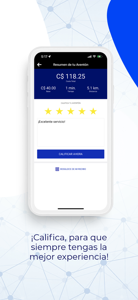 Aventón - Pantalla de resumen de viaje de la aplicación móvil Aventón que muestra detalles del viaje y una interfaz de calificación de cinco estrellas en español