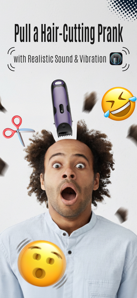 A man with a shocked expression during a simulated hair cutting prank using realistic clipper sounds and vibration.