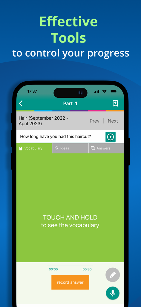 IELTS Speaking Assistant - スピーキングの練習問題と録音機能を表示しているIELTS Speaking Assistantモバイルアプリのインターフェース。