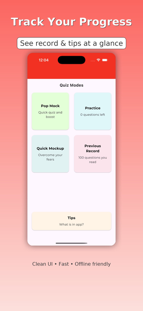 Flight Attendant Exam Quiz - Screenshot of the Flight Attendant Exam Quiz app displaying different study modes like pop mock and practice to track progress