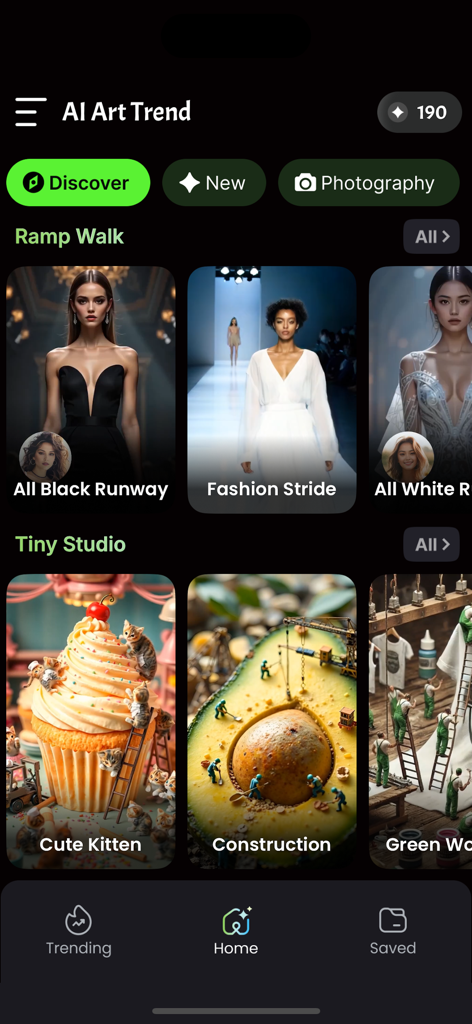 Figurine 3D - Action Figure AI - Screenshot of the AI art trend discover screen showing categories like Ramp Walk and Tiny Studio with various 3D generated styles