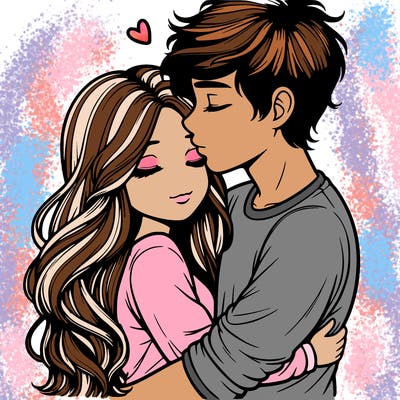 a realistic couple boy and girl hugging and kissing